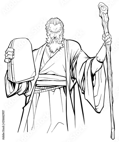 Line art portrait of Moses holding the stone tablets with the Ten Commandments and his wooden staff.