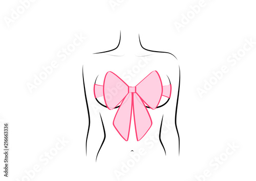 woman figure with beauty breast and pink gift bow isolated on white background, horisontal vector illustration