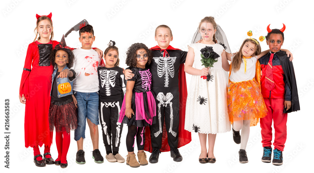 Group of kids in Halloween costumes