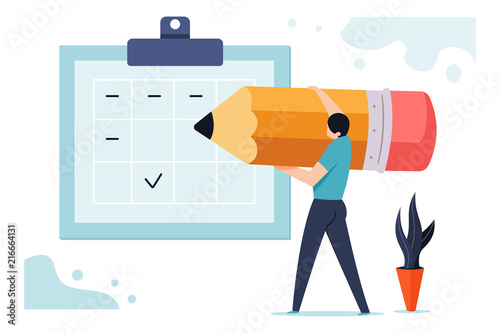 Schedule board vector business concept illustration with a man with a pencil near planning calendar.