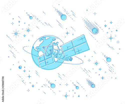 Communication satellite flying orbital spaceflight around earth, spacecraft space station with solar panels and satellite antenna plate, under meteor rain and stars. Vector.