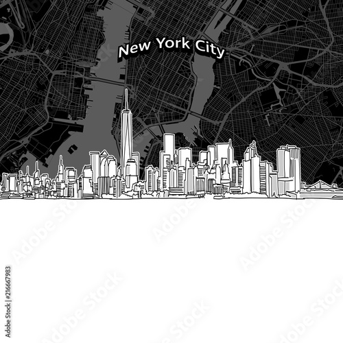 New York City skyline with map