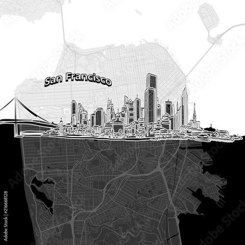 San Francisco skyline with map