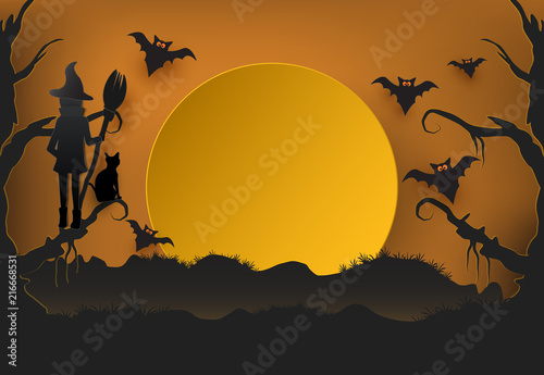 Young witch with cat in dark forest and bat Halloween paper art background, paper cut style illustration