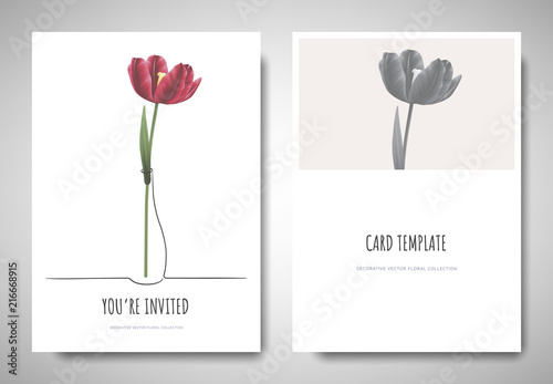 Minimalist greeting/invitation card template design, red tulip flower in simple line vase on white background