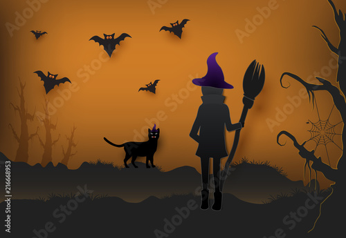 Young witch with cat in dark forest and bat Halloween paper art background