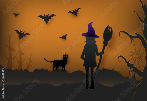 Young witch with cat in dark forest and bat Halloween paper art background