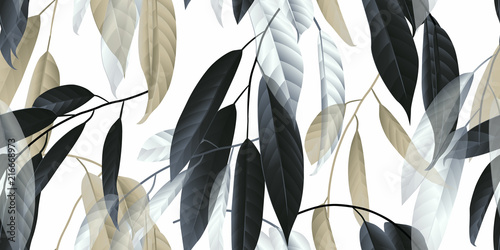 Fototapeta Wzór, czarne, złote i białe długie liście na jasnoszarym tle