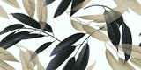 Seamless pattern, black and golden long leaves on light grey background