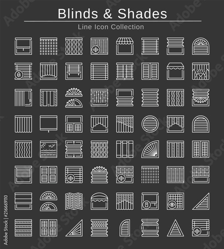 Blinds & Shades. Interior shutters & panel curtains. Window coverings. White line icons on black background.