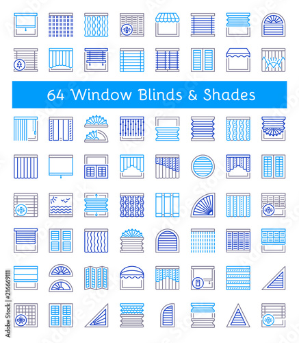 Blinds & Shades. Sun protection. Different kinds of jalousies. Line icon collection.