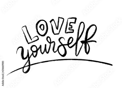 Love yourself quote. Single word. Modern calligraphy text print Vector illustration black and white. ego