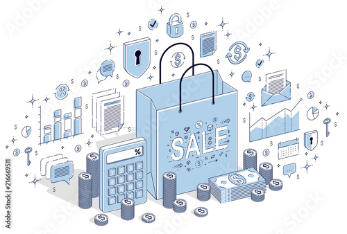 Big Sale concept, Retail, Sellout, Shopping Bag with cash money stacks isolated on white background. Vector 3d isometric business illustration with icons, stats charts and design elements.