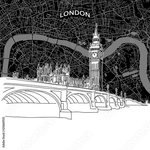London skyline with map