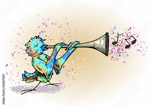 Vogel blaast op toeter, feest met confetti en muziek