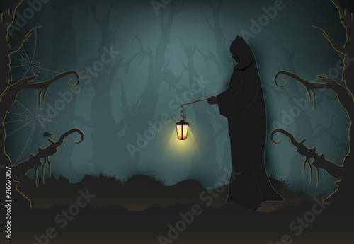 Grim reaper in dark forest, Halloween paper art background