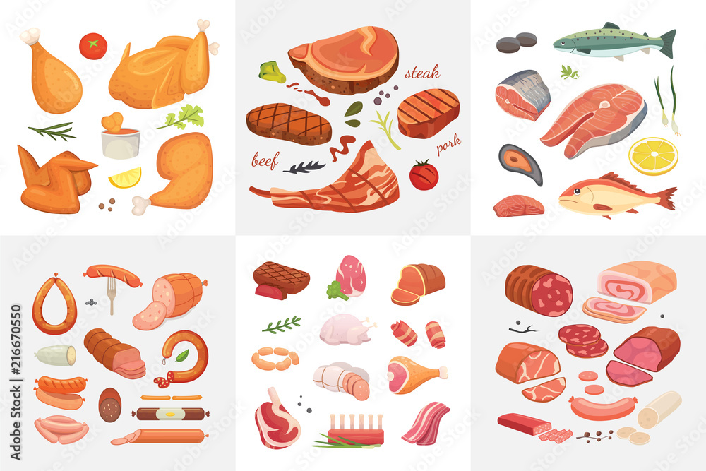 Different kind of meat food icons set vector. Raw ham, set grill chiken, piece of pork, meatloaf, whole leg, beef and sausages. Salmon fish and seafood.