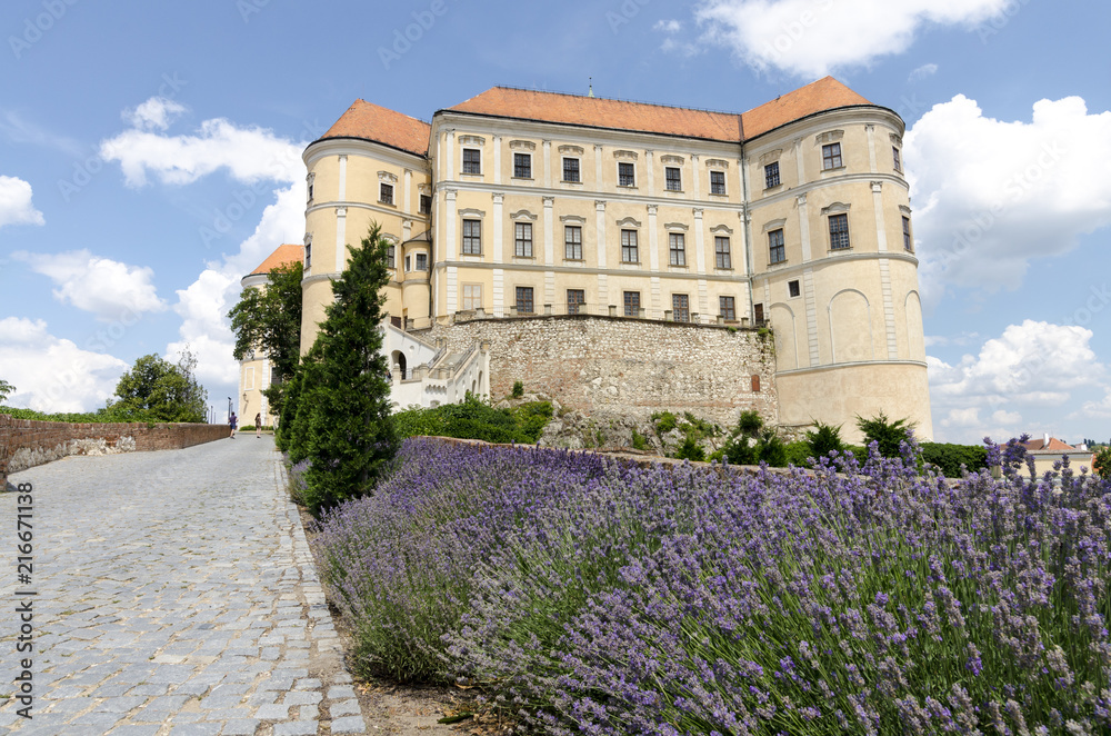 Mikulov castle backyard view with lavender flower bed