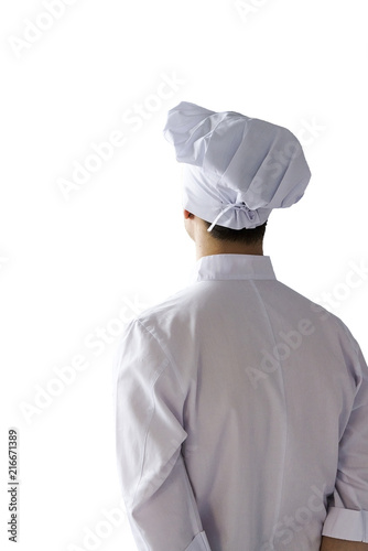 Rear view of chef isolated on white background. photo