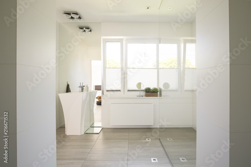 Wallpaper Mural Mirror on white cabinet next to washbasin in bright bathroom interior. Real photo Torontodigital.ca