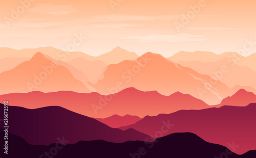 Vector bright silhouettes of orange and purple mountains in the evening with clouds in the sky