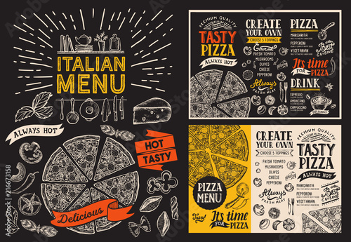 Pizza restaurant menu. Vector food flyer for bar and cafe. Design template with vintage hand-drawn illustrations on chalkboard.