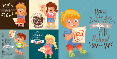 Schoolchildren and marks icons set