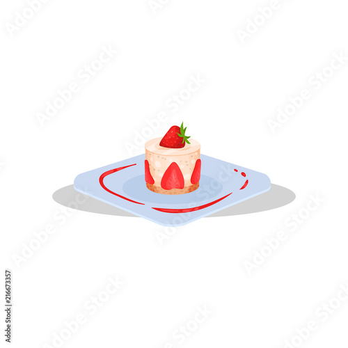 Cupcake with strawberry, delicious dish of French cuisine vector Illustration on a white background
