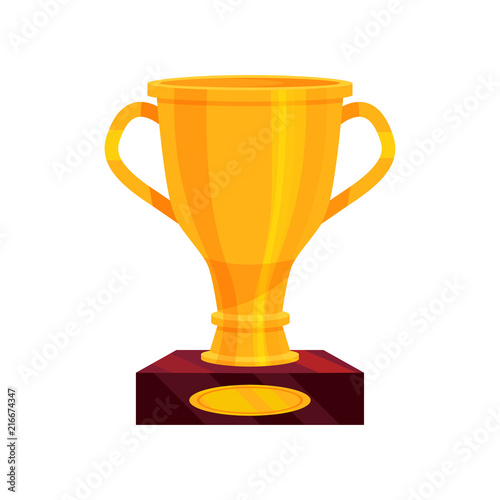 Large golden cup on brown base. Shiny prize for champion. Bright award for winner. Flat vector for mobile app or game © Happypictures