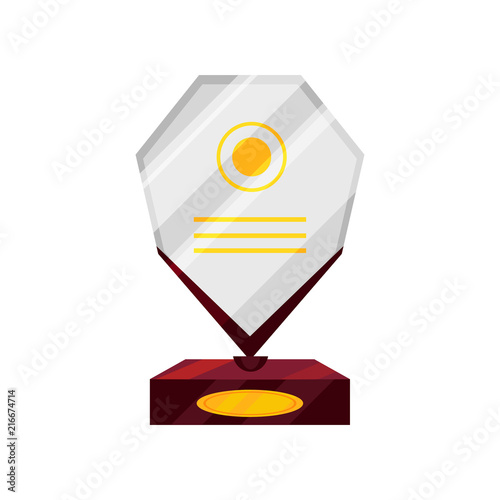 Flat vector icon of glass statuette on wooden base. Trophy for winner of competition. Honorable award