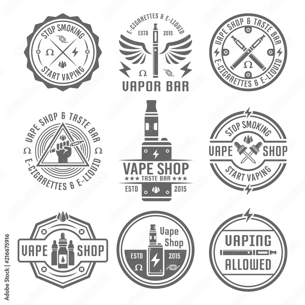 Vape shop set of nine vector vintage black emblems