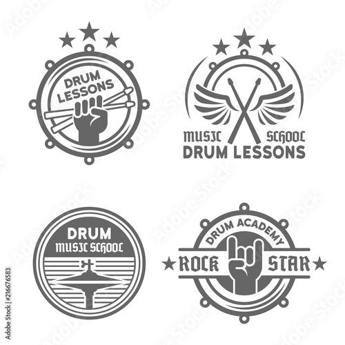 Drum school or drum lessons vector vintage emblems