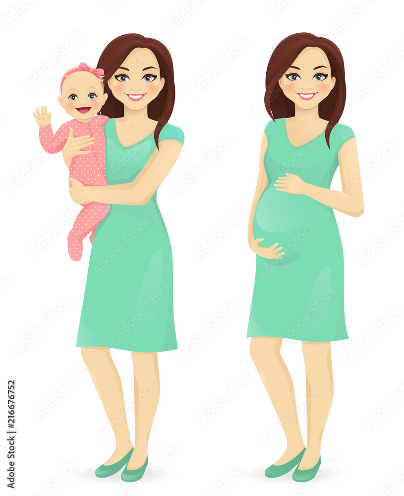 Young mother holding her newborn baby. Pregnant woman vector illustration isolated Young mother holding her newborn baby. Pregnant woman vector illustration isolated