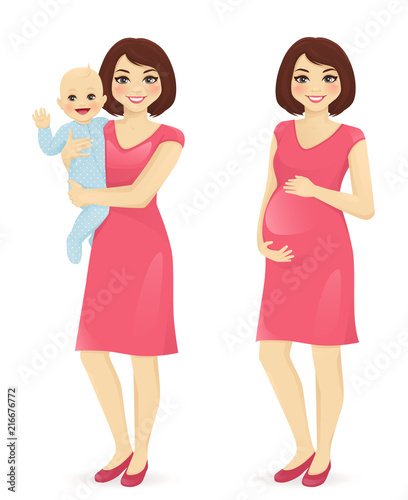 Young mother holding her newborn baby. Pregnant woman vector illustration isolated