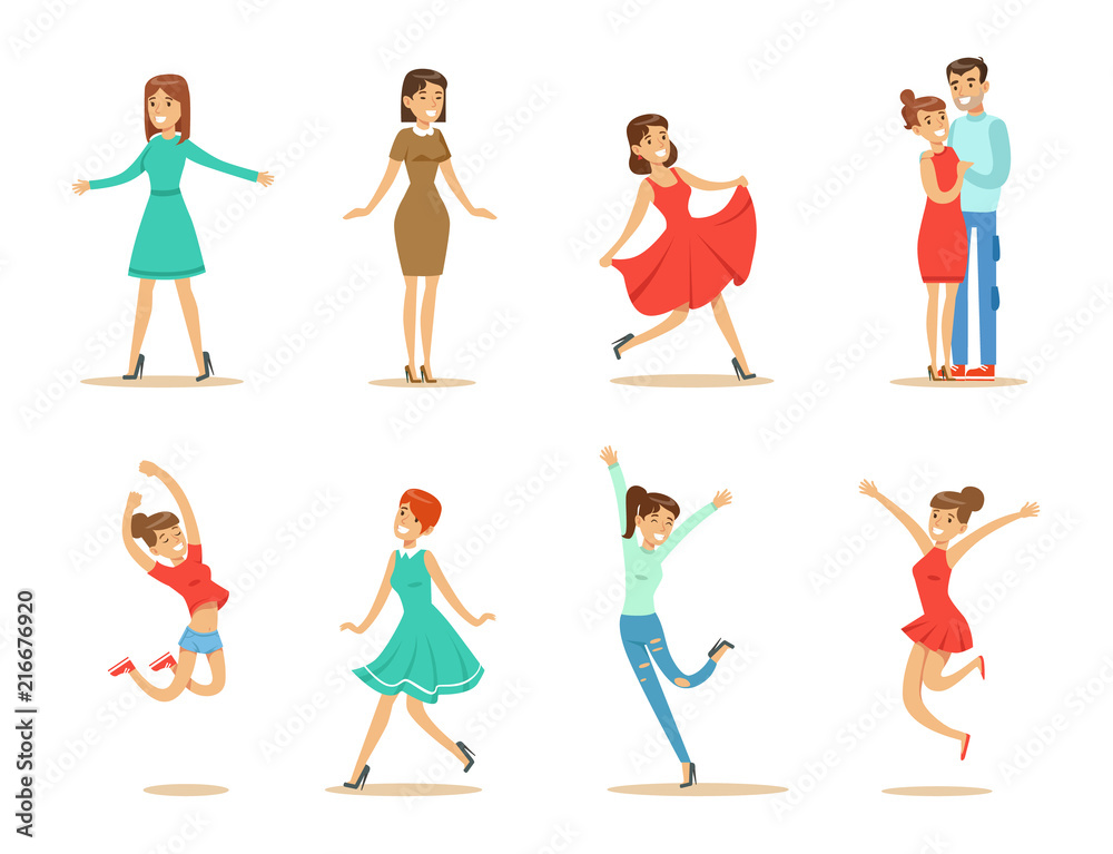 Fototapeta premium Dancing people set, young women and couple dancing vector Illustrations on a white background