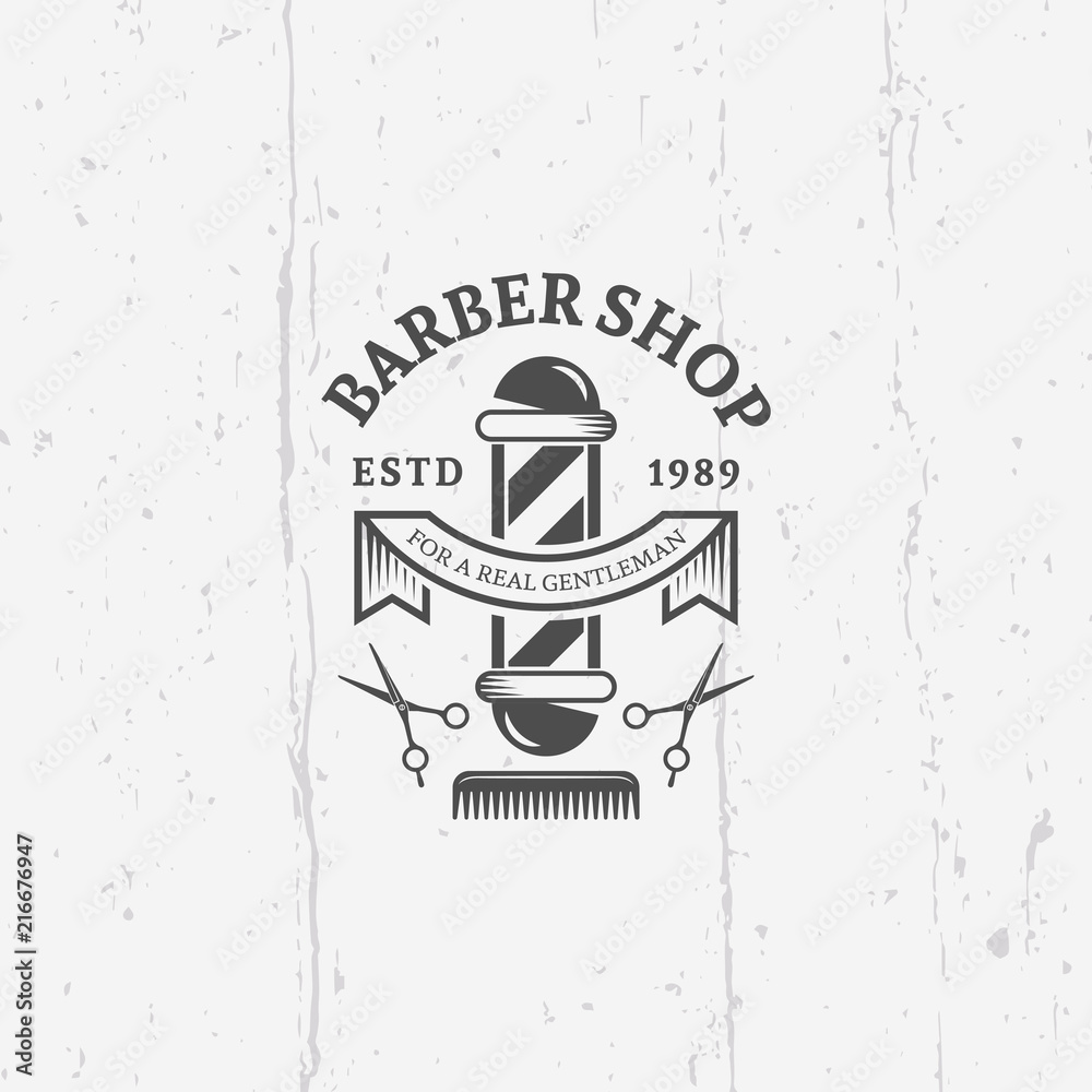 Fototapeta premium Barber shop pole and ribbon for text vector emblem