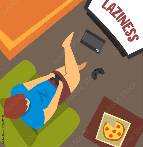 Laziness guy sitting at home and playing games, bad habit and addiction of modern society vector Illustration