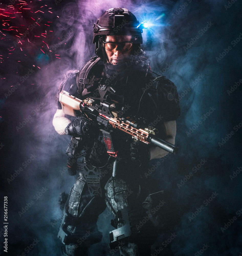 3d illustration - Special Forces military soldier (tactical operation) uniformed holding his rifle