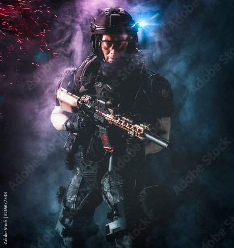 3d illustration - Special Forces military soldier  tactical operation  uniformed holding his rifle