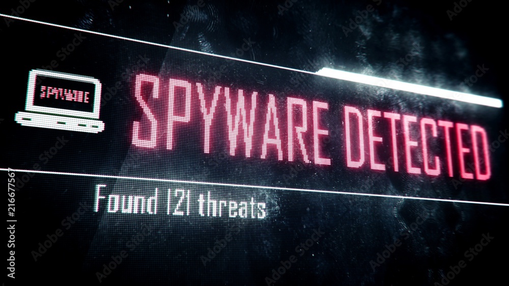 Spyware detected, found threats screen text, system message, notification