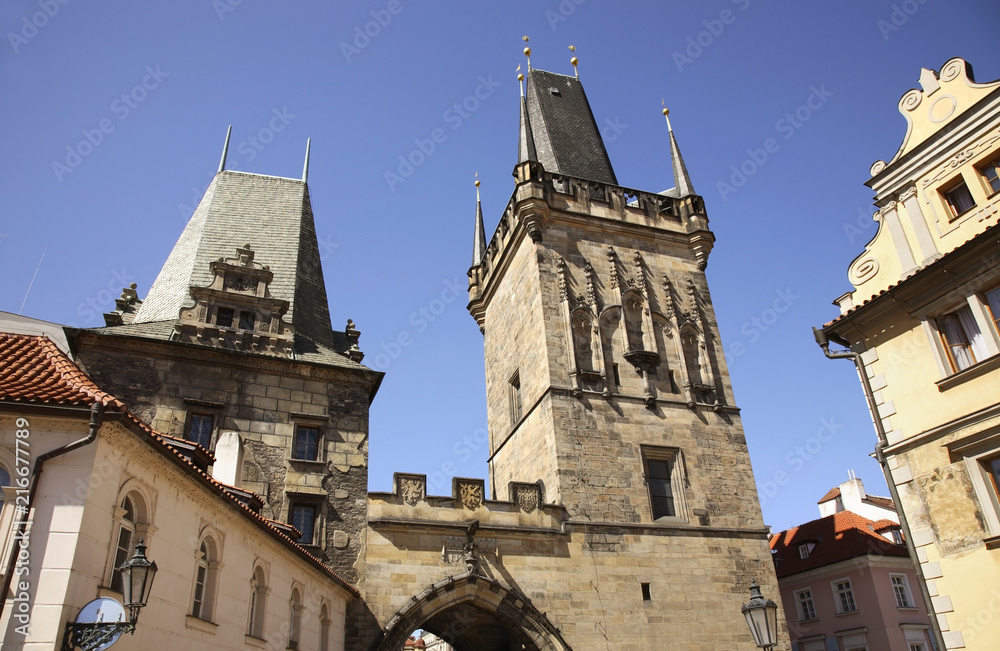 Tower at the Lesser - Town Mala Strana end of Charles Bridge in Prague. Czech Republic