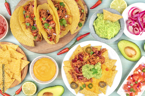 Overhead photo of an assortment of Mexican foods
