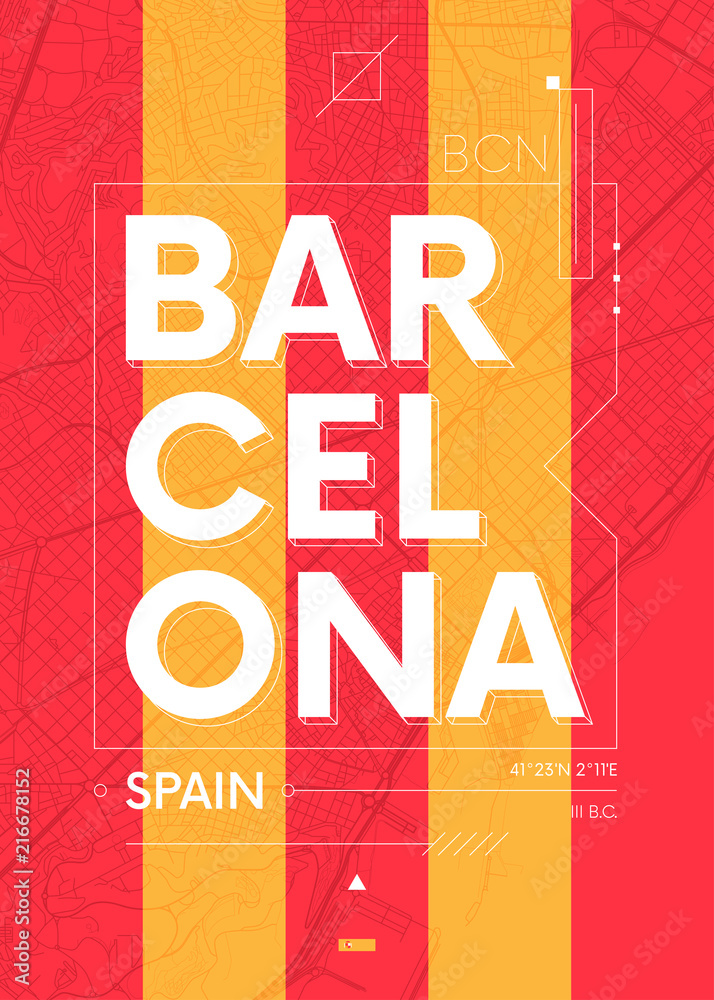 Typography graphics color poster with a map of Barcelona, Vector travel illustration - obrazy, fototapety, plakaty 