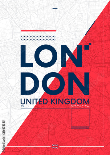 Typography graphics color poster with a map of London, Vector travel illustration
