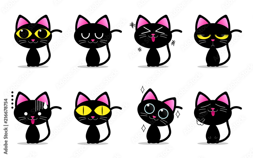 Cute black cat characters with different emotions, vector illustration 
