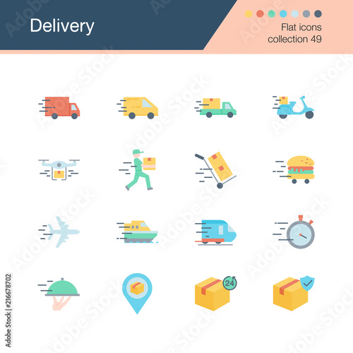 Delivery icons. Flat design collection 49. For presentation, graphic design, mobile application, web design, infographics.