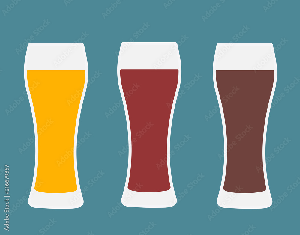 Beer glasses. Three versions light beer, dark beer and amber beer. Isolated vector illustration. Beer glasses. Three versions light beer, dark beer and amber beer. Isolated vector illustration.