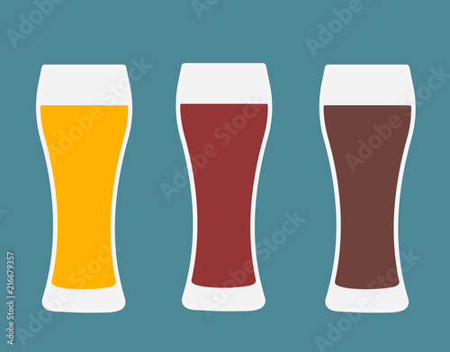 Beer glasses. Three versions light beer, dark beer and amber beer. Isolated vector illustration.