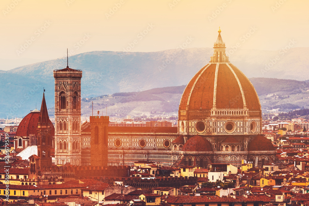 Obraz premium Skyline of Florence, Italy. Cathedral of Saint Mary of the Flowers at sunset.