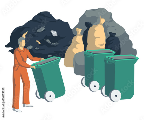 Garbage man with bags, cans, bins, containers and pile of trash. Isolated objects on white background. Garbage recycling concept. Vector illustration 